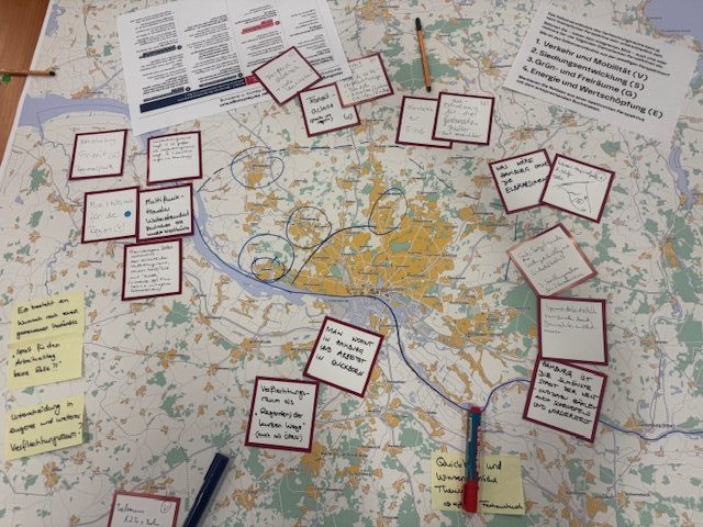 Darstellung einer Karte des Verflechtungsraums Hamburg mit Notizzettel zur Erarbeitung von Leitbild und Zielsystem.